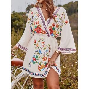 Floral print Surplice v neck half sleeve mini Dress boho cream orange